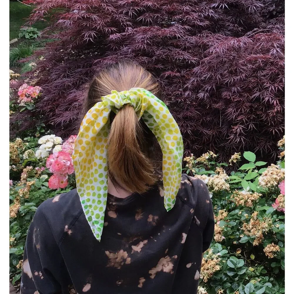 Hand Painted Silk Mini Scarf Yellow Green Ombre Polka Dot 21